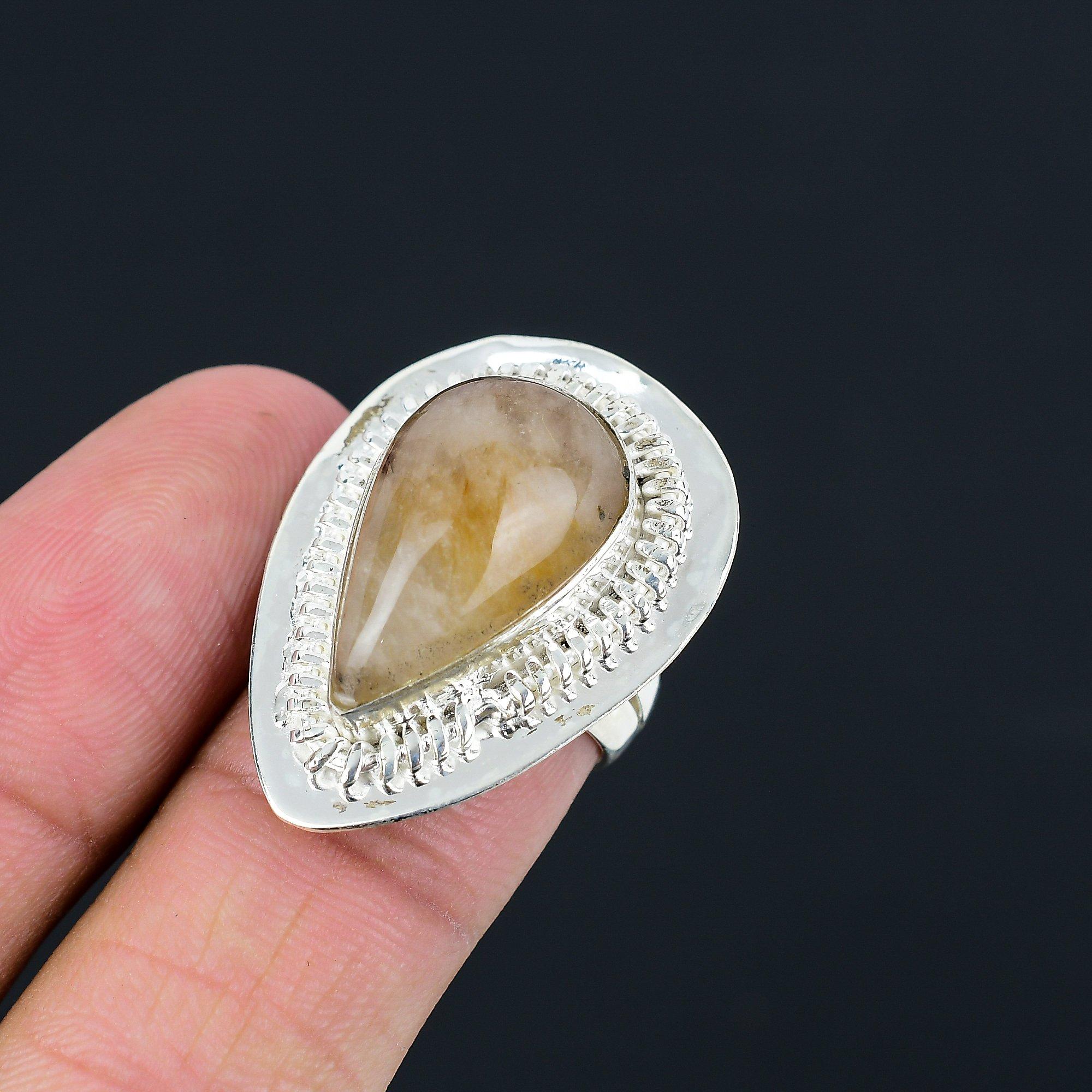 Sterling Silver Pear Natural Plume Agate Elegant Statement Ring Jewelry US 6.5 6.5
