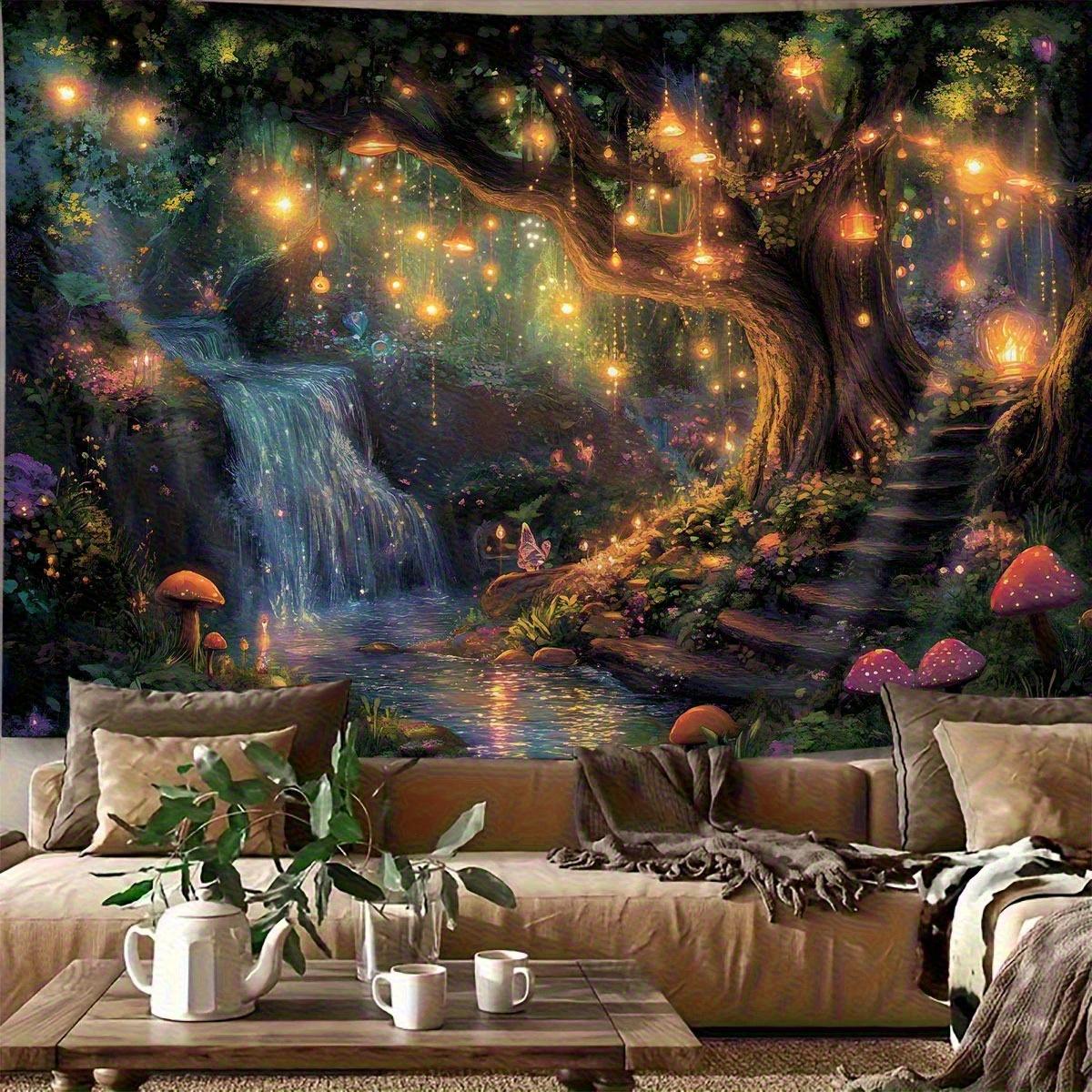 Textilien Unisex Enchanted Forest With Glowing Lanterns Waterfall And Mushrooms Wall Tapestry 2D Flat Print Fantasy Art Nature Decor Boho Style