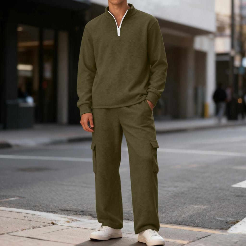 Men's Casual Outdoor Activewear Set | Color Quarter-Zip Stand-Collar Hoodie & Elastic-Waist Cargo Pants 2-Piece Outfit