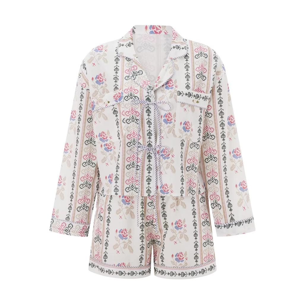 2-teilige kurze Sets Damen Floral-/Streifenmuster Langarm zum Binden Oberteile und Weitbein-Shorts Sets Sommer Herbst Streetwear