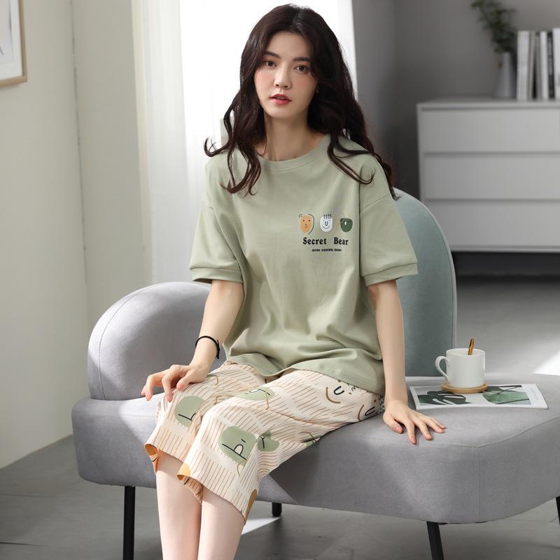 Women's Summer Korean Cartoon Pajama Set - Short-Sleeved Top with Seven-Point Pants
