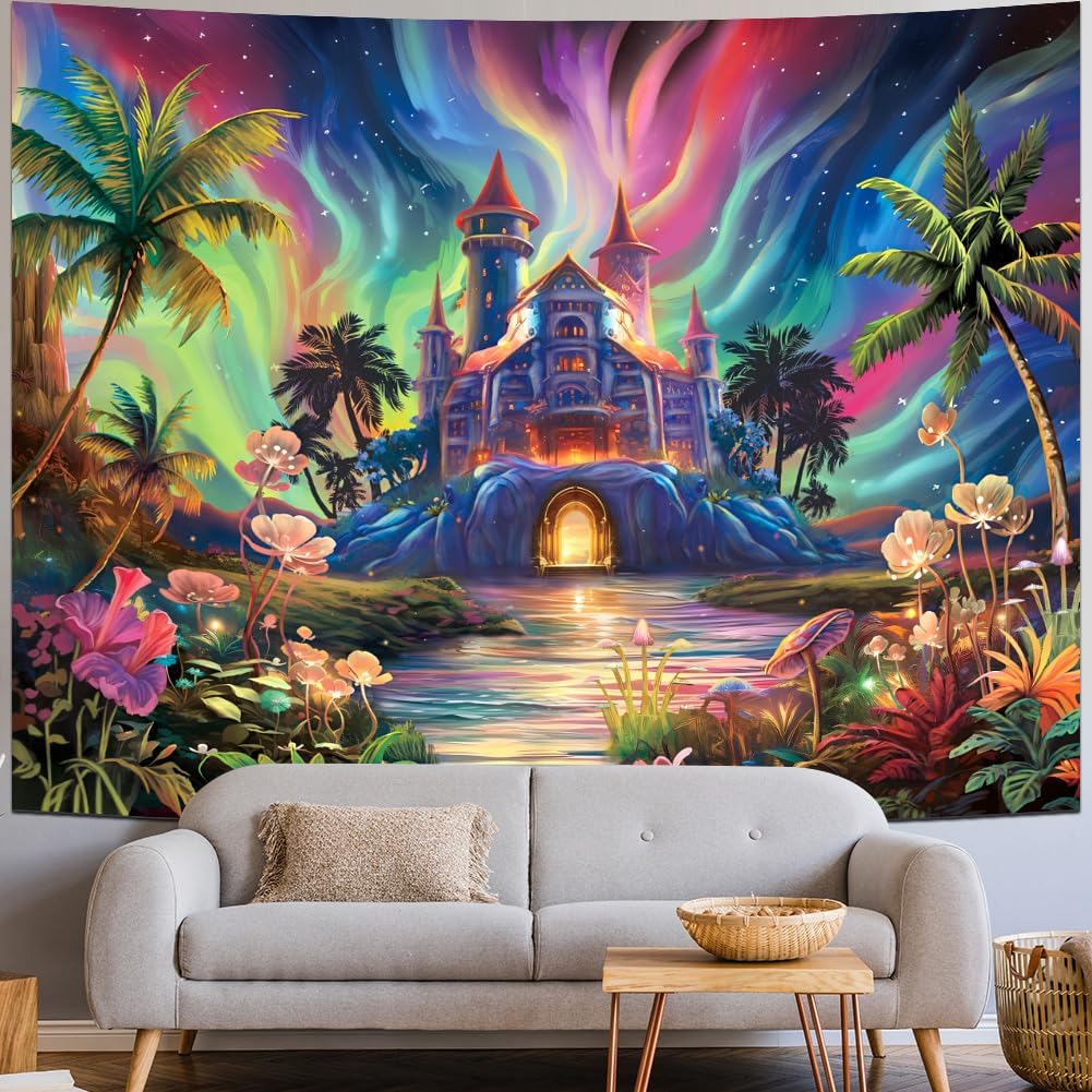 Enchanted Castle Tapestry, Psychedelic Sky with Palm Trees & Glowing Flowers Print,Wall Hanging for Fantasy Aesthetic Room Decor
