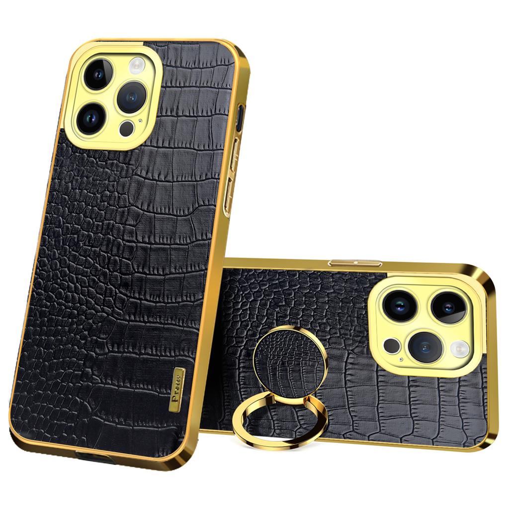 For iPhone 16 Pro Case Crocodile Texture Ring Kickstand TPU+Leather Electroplating Phone Cover