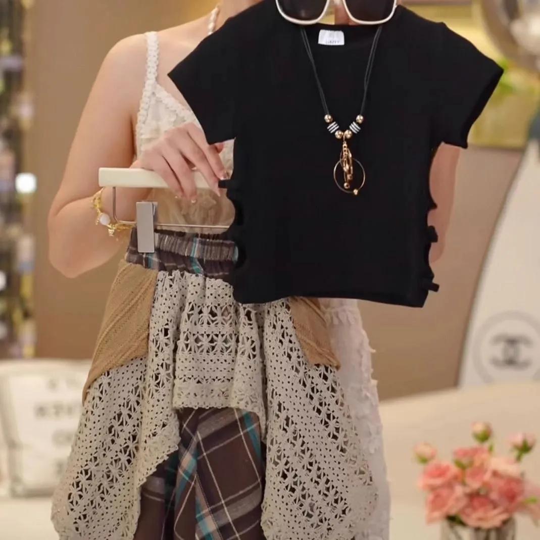 Girls  Summer Plaid Set Oversized Kids  Short-Sleeve T-Shirt + Asymmetrical Skirt Two-Piece Set 100