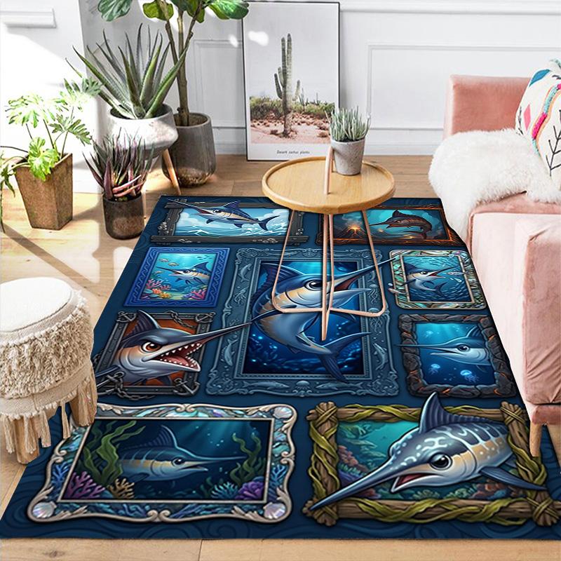 Marlin Fish Collection Pattern Rug Floor Mat for Living Room or Bedroom Soft and Comfortable Carpet a Gift for Birthday and Holiday.