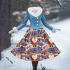 Women's Casual Dress Long-Sleeve V-Neck Patchwork Fleece Christmas Print Dress