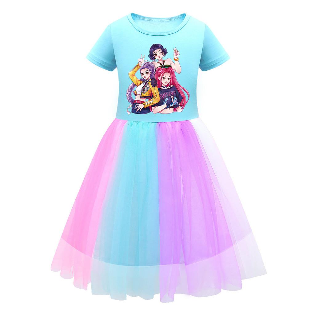 

Дитяча Дівчатка K-POP Румі Зої Міра Принт Сітка Веселка Круглий Виріз Короткий Рукав Повсякденна Бавовняна Сукня 110cm