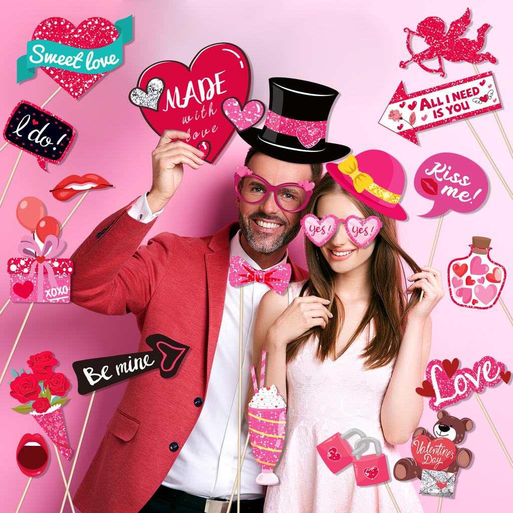 25/28/35pc Valentine's Day Photo Booth Props Handheld Photography Photo Prop Love Heart Glasses Hats Mask Photo Decor Supplies
