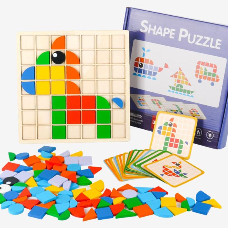 Wooden Mosaic Puzzle Toy Montessori Kids Wooden 3D Geometric Shape Jigsaw Puzzle Board Set Baby Early Education Toys For