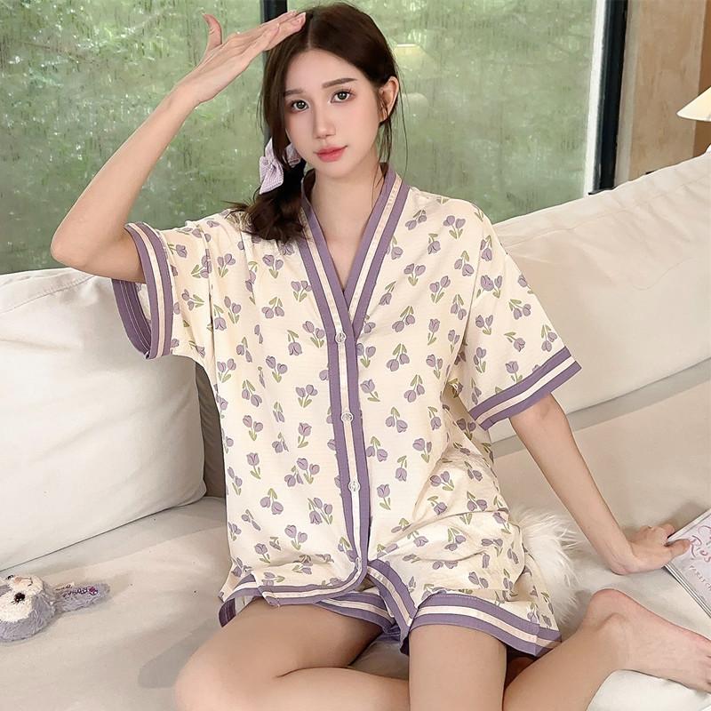 Pajamas Women's Summer Bubble Cotton V-Neck Large Size Thin Short Sleeve Cute Small Flower Comfortable Crepe Girl Loungewear Set