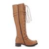 Damen Overknee-Stiefel aus Leder mit elastischem Stretch-Absatz und Nieten, Gürtelschnalle, quadratischer Absatz, runder Kopf zum Schnüren