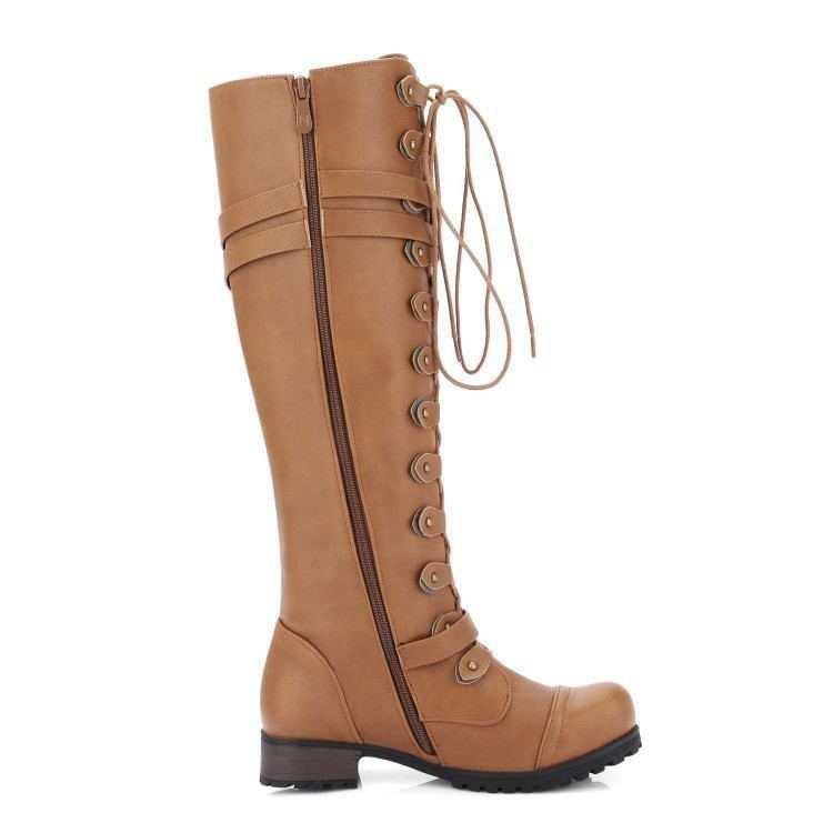 Damen Overknee-Stiefel aus Leder mit elastischem Stretch-Absatz und Nieten, Gürtelschnalle, quadratischer Absatz, runder Kopf zum Schnüren