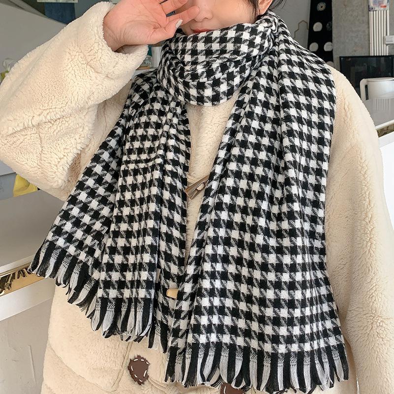 Versatile Houndstooth Check Cashmere Scarf Winter New Cute Girl Student Scarf Couple Korean Version Pink