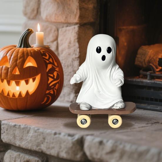 Halloween Skateboard Ghost Statue Cute Resin Ghost on A Skateboard Figurine for Tabletop Centerpiece Bookshelf Tiered Tray Decor