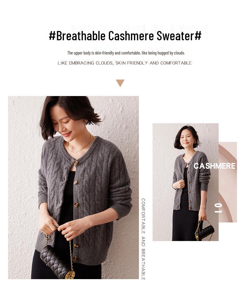 Women's Thick Cable Knit Cashmere Cardigan - Autumn/Winter Round Neck Loose Knitwear Jacket
