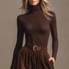 2025 Women's Retro Corduroy High Waist Flare Skirt & Solid Base Layer Top - Spring/Autumn