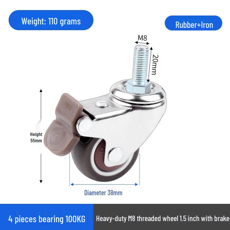1.5" or 2" Heavy-Duty Silent Swivel Caster with Brake, Snap Ring, and Wear-Resistant Trolley Shelf Roller