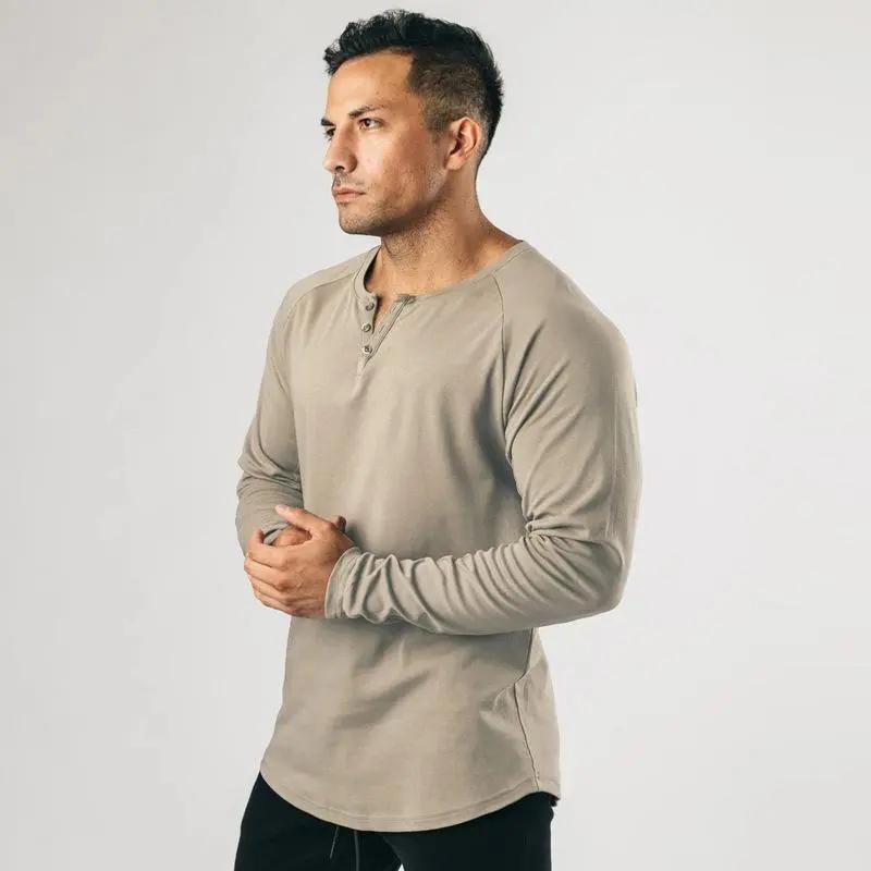 Spring and Summer Men's Long Sleeve Henley Sports Casual Cotton Stretch V-Neck Button Thin T-Shirt