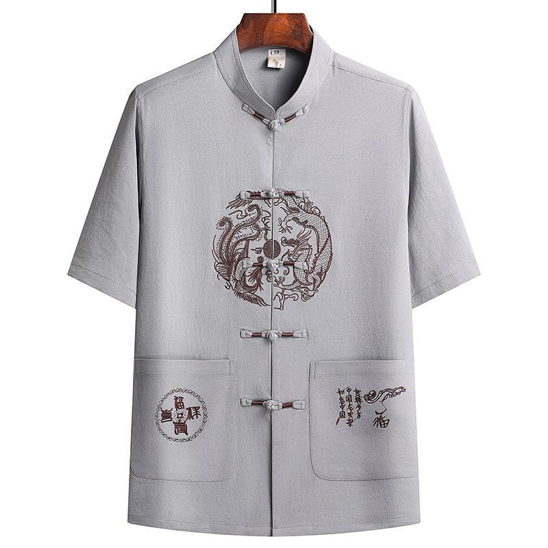 Chinese Style Mens Short Sleeve Suit With Dragon Phoenix Pattern Embroidery For Summer Casual Wear