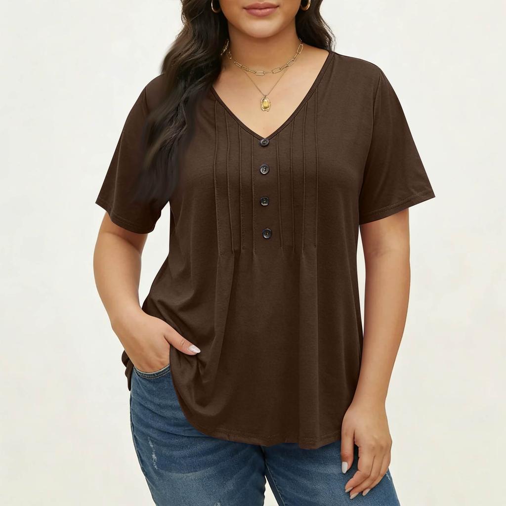 Women's Plus Size Fashionable Casual Loose-Fit V-Neck Button-Down Short-Sleeve Top