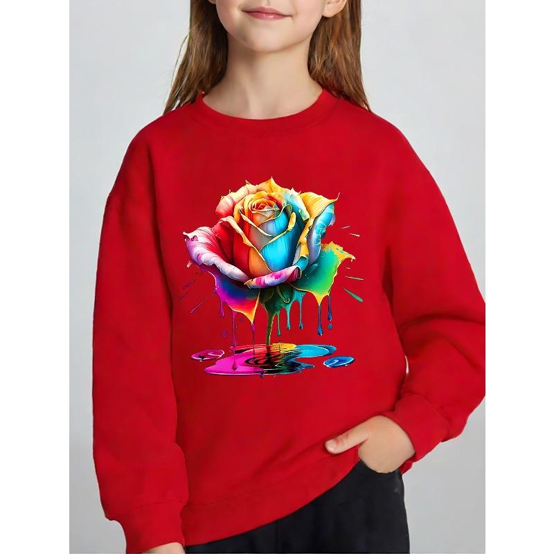 Kids Unisex Crewneck Sweatshirt, Colorful Dripping Rainbow Rose Art Print Soft Fleece Long Sleeve Pullover For Boys Girls Over 4 Years Old