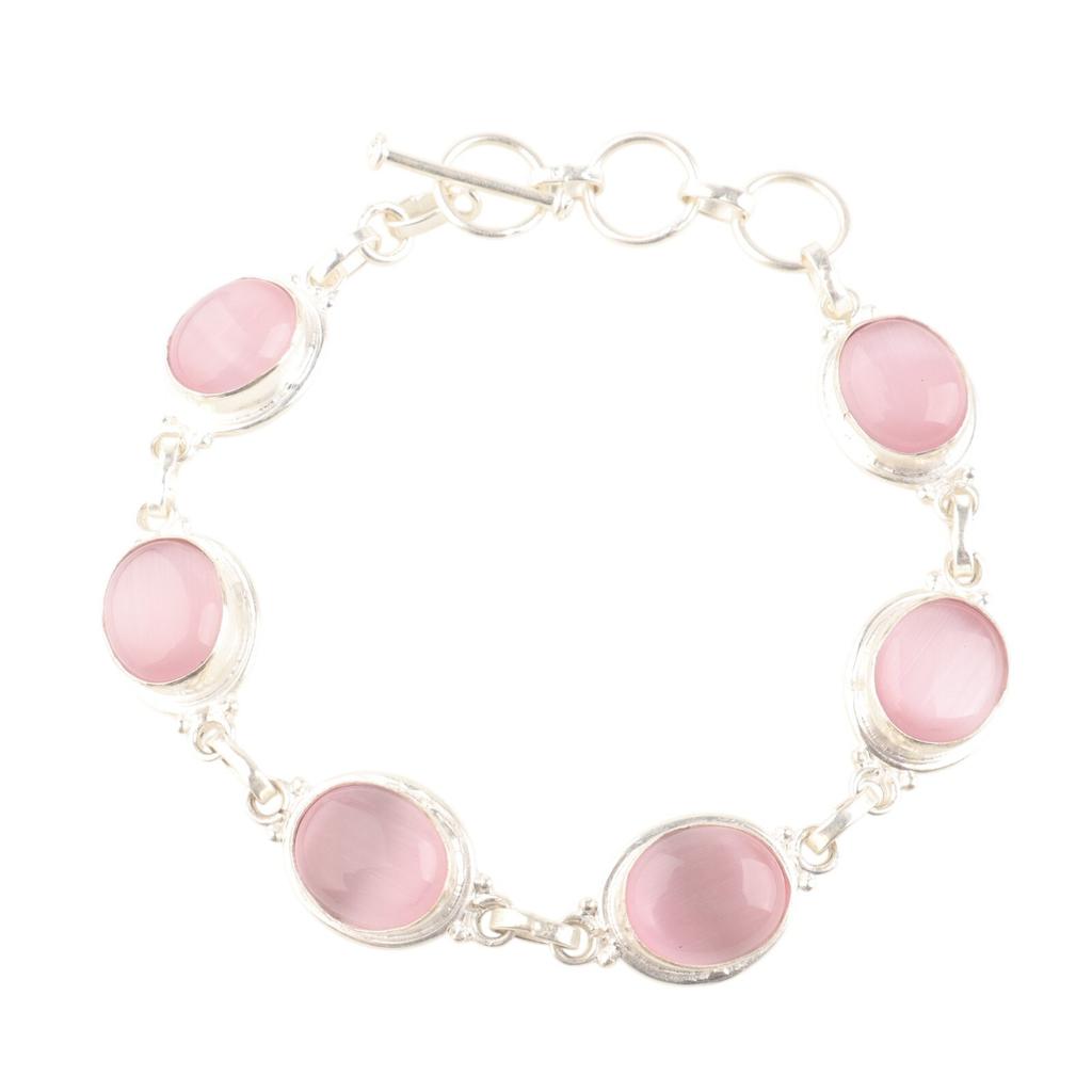 Naturalny Różowy Kamień Kocie Oko Srebro Próby 925 Ręcznie Robiona Bransoletka Boho 8,5" RB-3-29