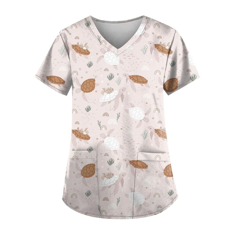 Women's Clothing Cartoon 3D Print V-neck Women's Working Clothes Tops Short Sleeve With Pockets Carers Medical Nurse Uniform