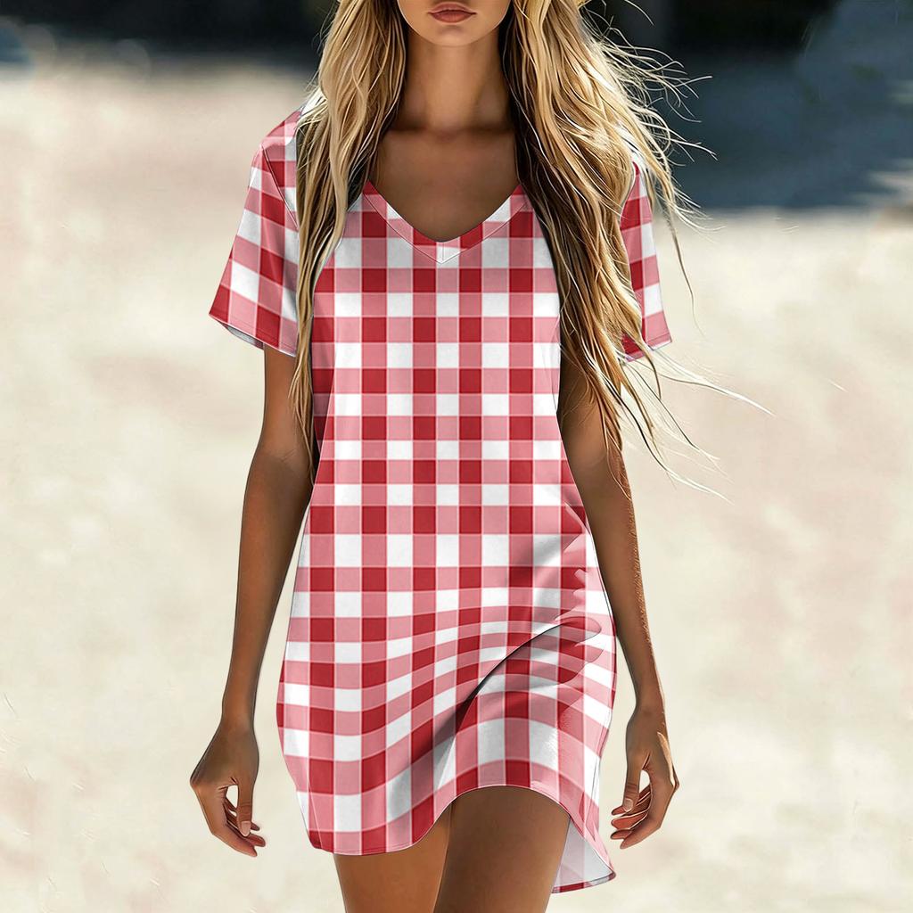 Women's Summer Casual V Neck Short Sleeve Vintage Plaid Print Loose Fit Mini Dress for Daily Wear Beach Vacation