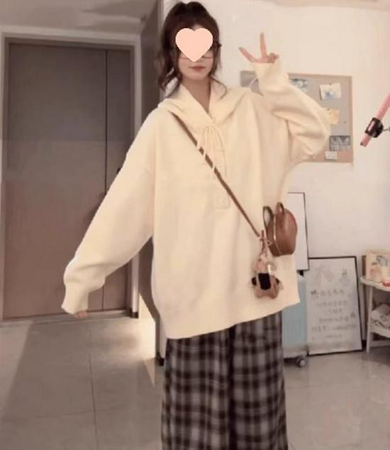 Women's Blue Hooded Sweatshirt Sweater - Autumn/Winter 2025, Lazy Style, Loose Knit Korean Design