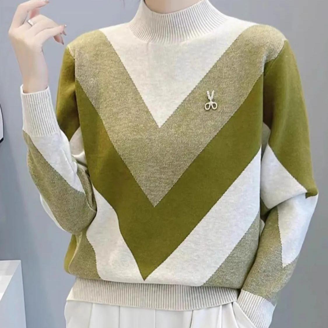 

Осень/Зима Женский свитер с высоким воротом, толстый, короткий, контрастный, вязаный свитер, свободный, повседневный, эластичный, трикотажный топ, джемпер S зелёный