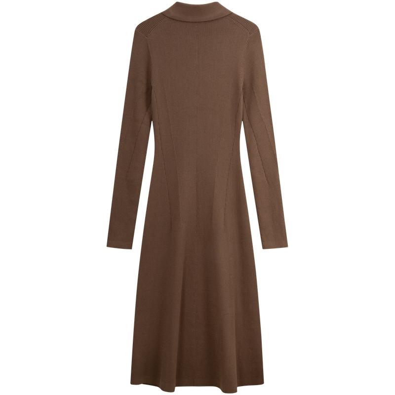 Calvin Klein Casual Embroidered Four-Button Knit Polo Long Sleeve Dress Women Dresses Dark-Gray-Brown J224574