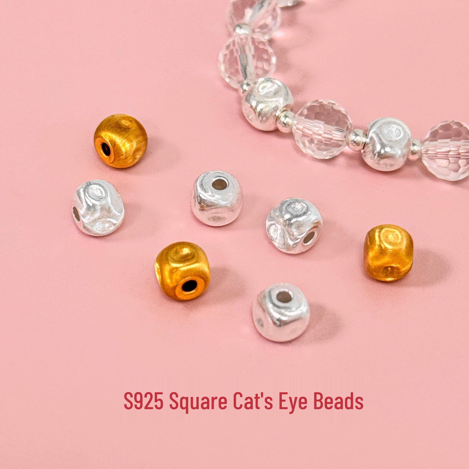 S925 Sterling Silver Brushed Sparkling Cat Eye Square Spacer Beads for DIY Jewelry and Bracelet Weaving S925 Sterling Silver