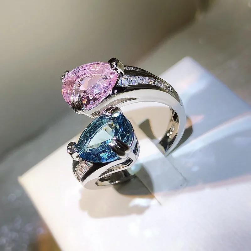 Delicate Sterling Silver Pink Zircon Water Drop Rings for Women Fashion Bridal Engagement Wedding Open Ring Gift resizable