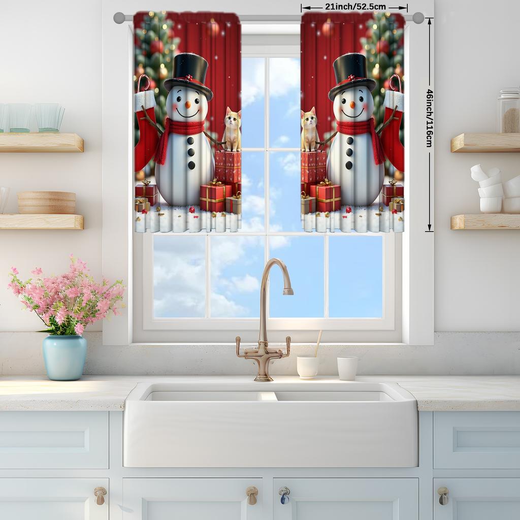 2pcs Christmas Snowman Printed Curtain for Christmas Home Decor - Rod Pocket Window Treatment for Bedroom, Office, Kitchen