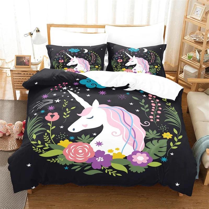 Comforter Girls Unicorn Full King Queen Size Microfiber Eyelashes Floral Comforter 3D Cartoon Bedding Set For Kids Teen