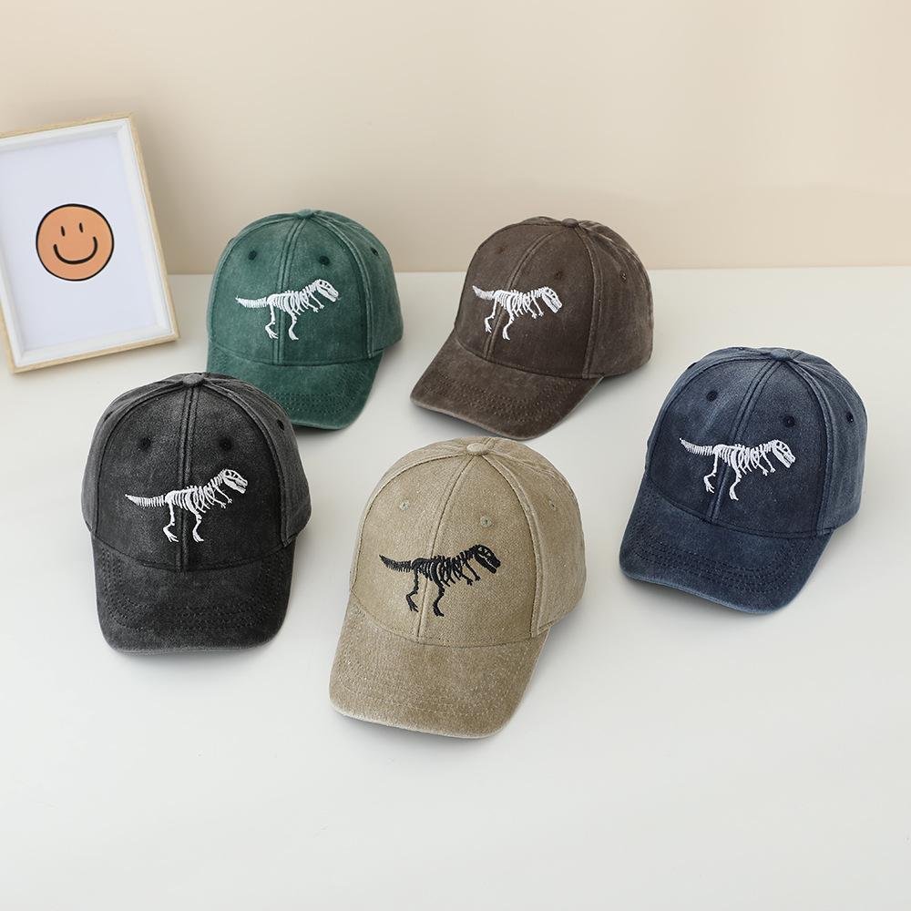 Children's Dinosaur Skeleton Washable Baseball Cap - Spring/Summer Vintage Distressed Style 