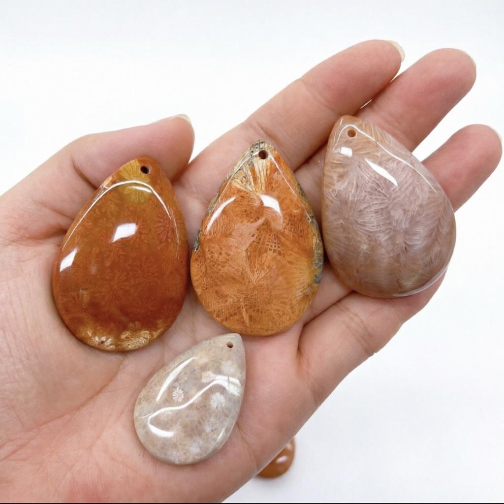 Handmade Polished Natural Crystal Coral Jade Holed Pendant Healing Small Stone for Home Decor & Gifts