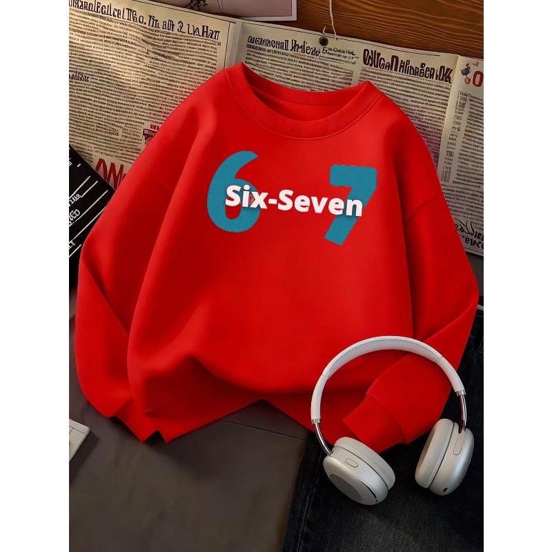 Children's clothing kids unisex Crew Neck Sweatshirt | Fashionable 67 Number Print, Casual Style, Slight Stretch Fabric, Regular Fit, Fall/Winter