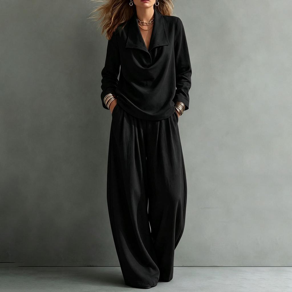 Women's Color Casual Two Piece Set with Collar Sweatshirt and Pants with Pockets