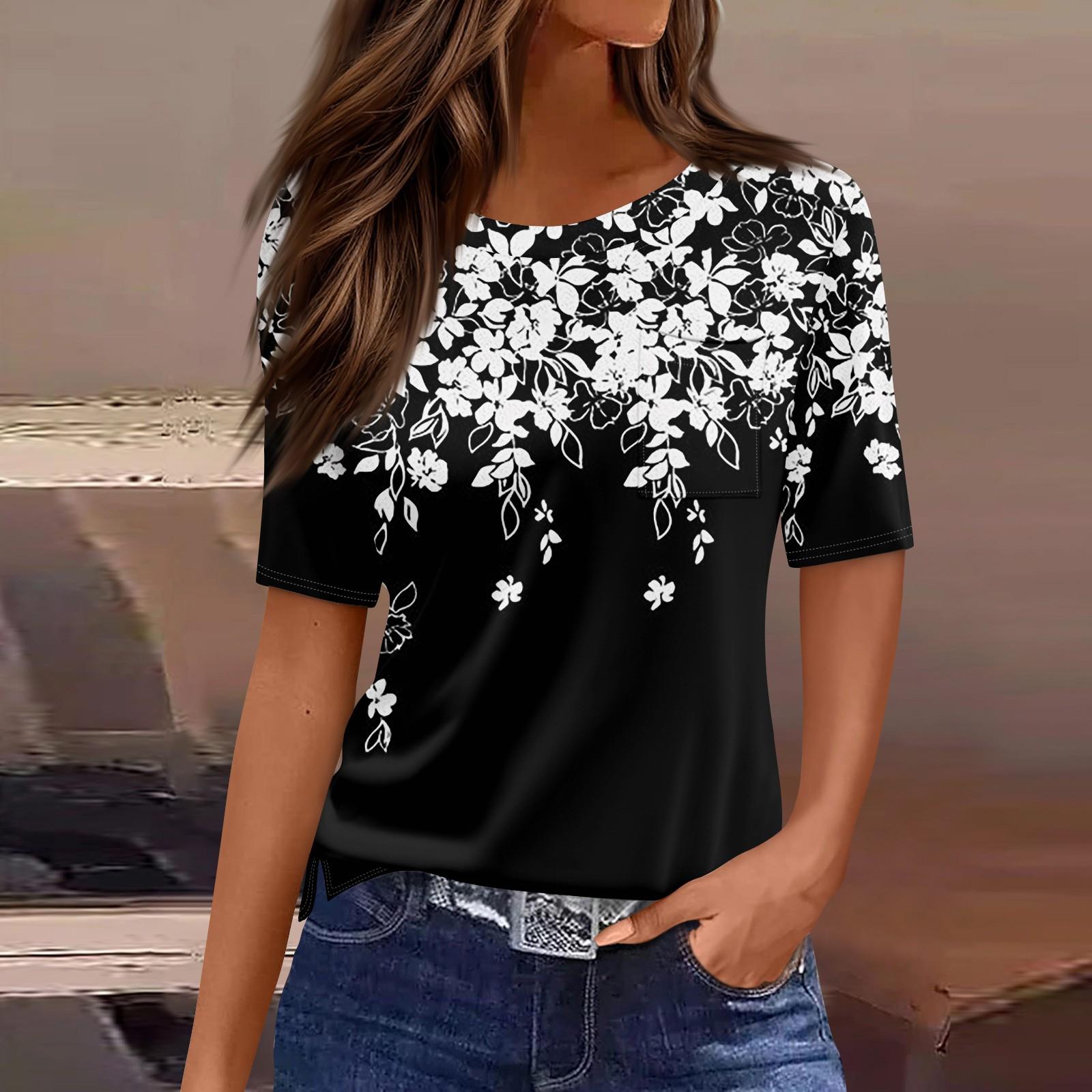 

Футболки для женщин, плиссированные, с круглым вырезом, нарядные, повседневные, блузки с принтом, с коротким рукавом, летние топы, свободный крой S