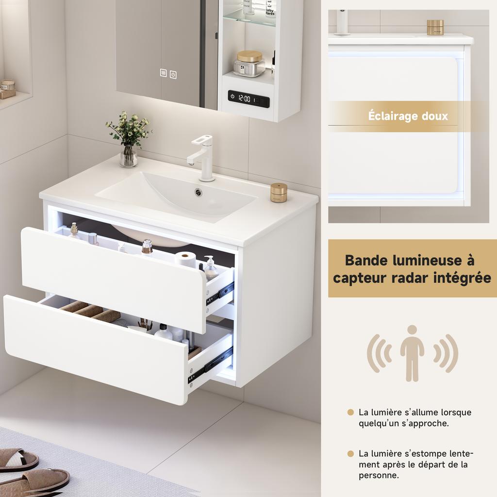76x46x48,5cm Wandmontage Badkamerkast, Verfcoating, LED Radar Sensor Verlichting, Twee Lades, Uitschuifbare Rails, Wastafelmeubel, Geïntegreerde Wastafel, Wit