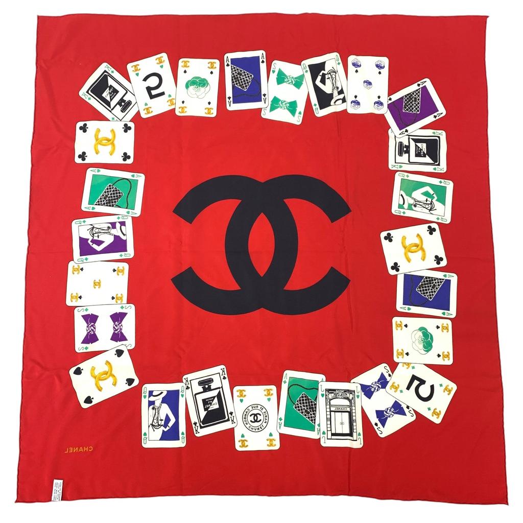 Używany Szalik Jedwabny Karty do Gry z Logo Chanel Coco Mark Czerwony Autentyczny 1193