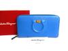 Authentic Gancini Blue Leather Gold H/W Round Zip Wallet #b162  Open Box