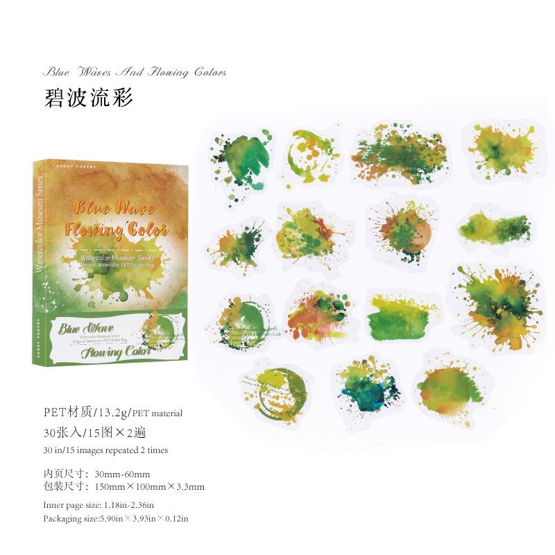 30 pcs/pack Watercolor splashes Style PET Stickers Adhesive Diy Hand Account Diary Album Scrapbooking Junk Journal Supplies
