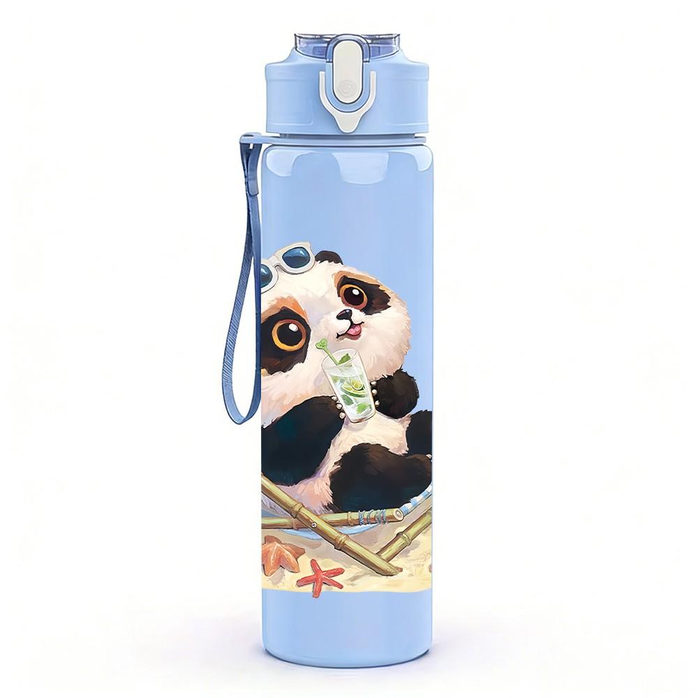 1PC Lying Relaxed Panda Pattern 750ml Color Plastic Sports Water Bottle Leakproof Flip Straw Lid Suitable for Sports Office Home Use