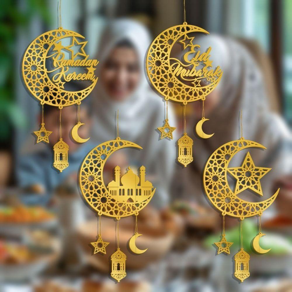 Acryl Eid Mubarak Wandanhänger Spiegel Hängende Dekoration Ramadan Kareem Türschild Goldener Mond Stern Tropfen Ornamente