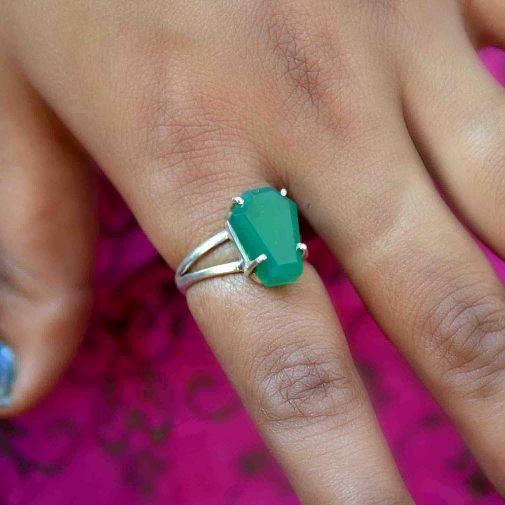 Prsten na rakev ze stříbra ze zeleného Onyxu 925, Prsten s drahokamem Onyx,