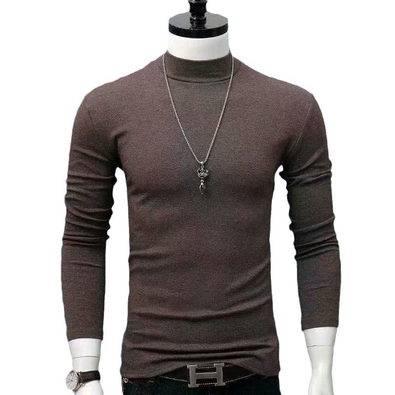 Camisa de camada de base quente de manga comprida de cor sólida de gola alta estilo coreano fino masculino