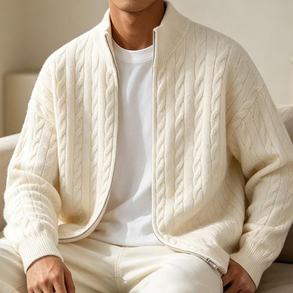 Herren-Strickjacke mit dickem Strick und Stehkragen, lockere Passform, Pullover in Farbe für Herbst und Winter
