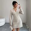 Women Autumn Winter Polo Collar Knit Mini Dress, 3D Floral Embroidery Long Sleeve Slim Waist Bodycon Short Sweater Dress